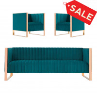 Manhattan Comfort 3A-SS559-TL Trillium 3-Piece Teal and Rose Gold Sofa and Armchair Set